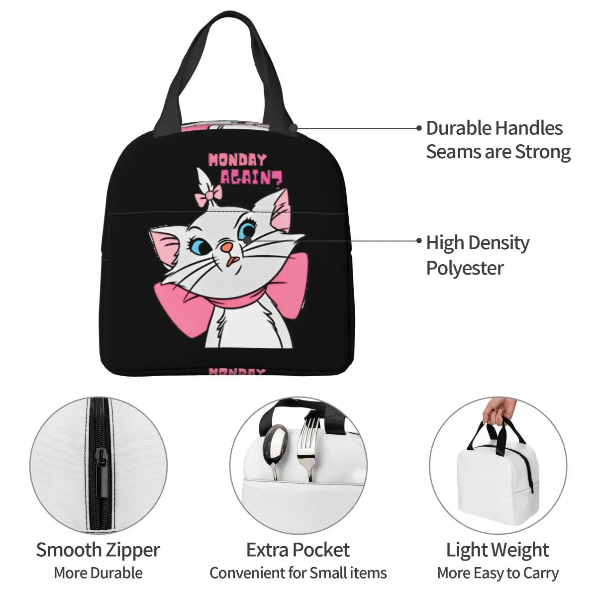 Marie Cat Aristocats Monday Again Lunch Bags Cooler Bag Lunch Container Cute Large Tote Lunch Box for Men Women Office Outdoor