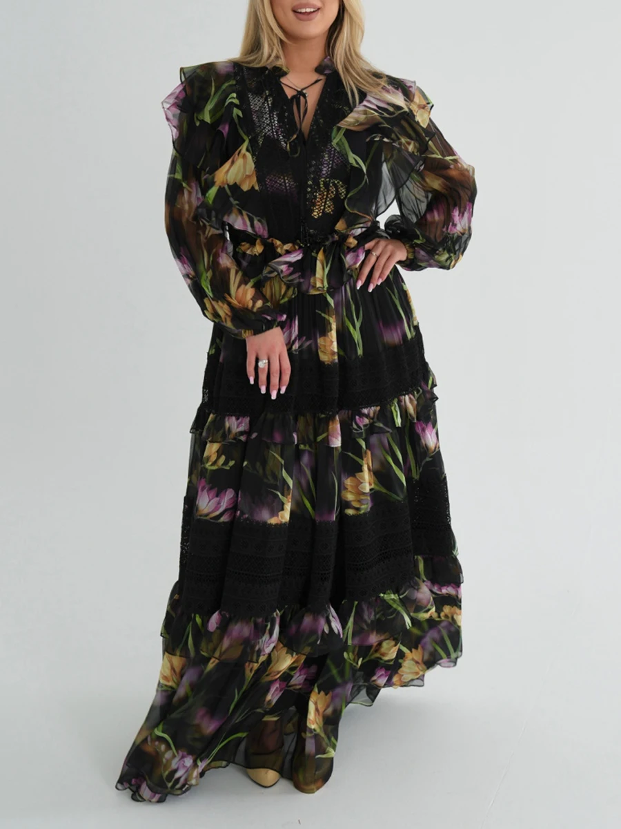 TWOTWINSTYLE Hit Color Printing Spliced Ruffles Casual Dresses for Women V Neck Long Sleves Sheer Patchwork Lace Dress Female