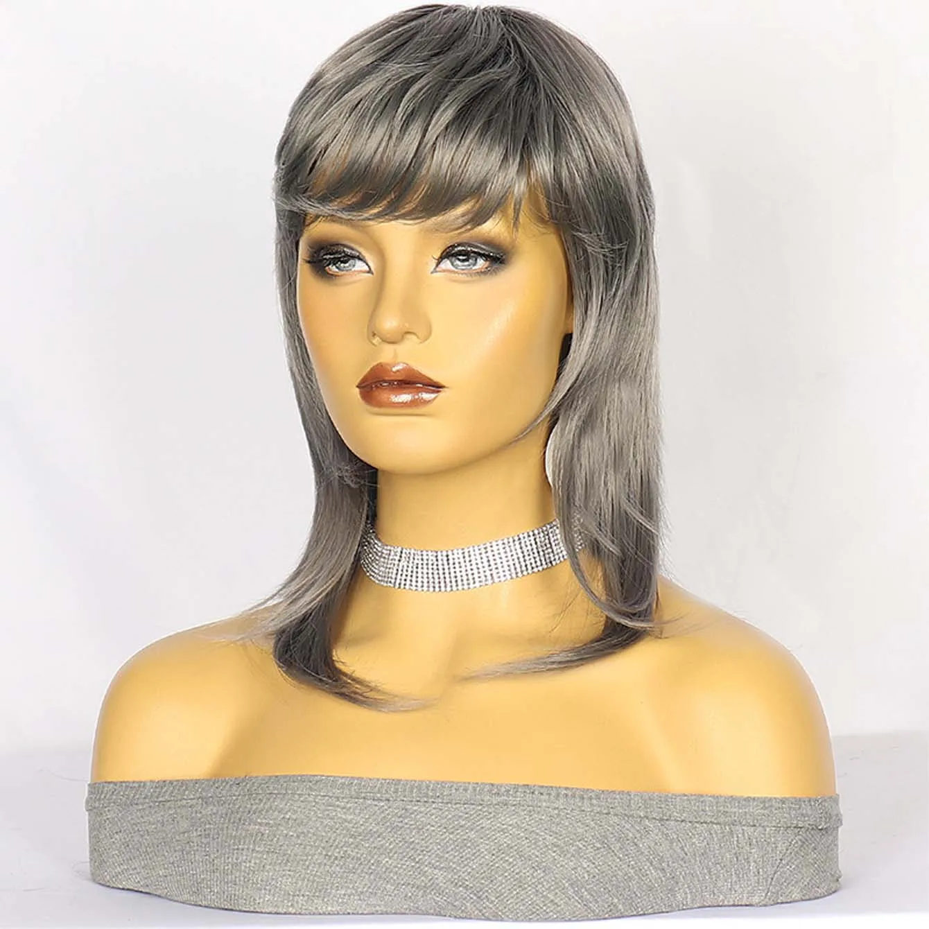 Short Straight Mullet Head Gray Wig Synthetic Girl Anime Cosplay   Hair Wig for Women Daily Party