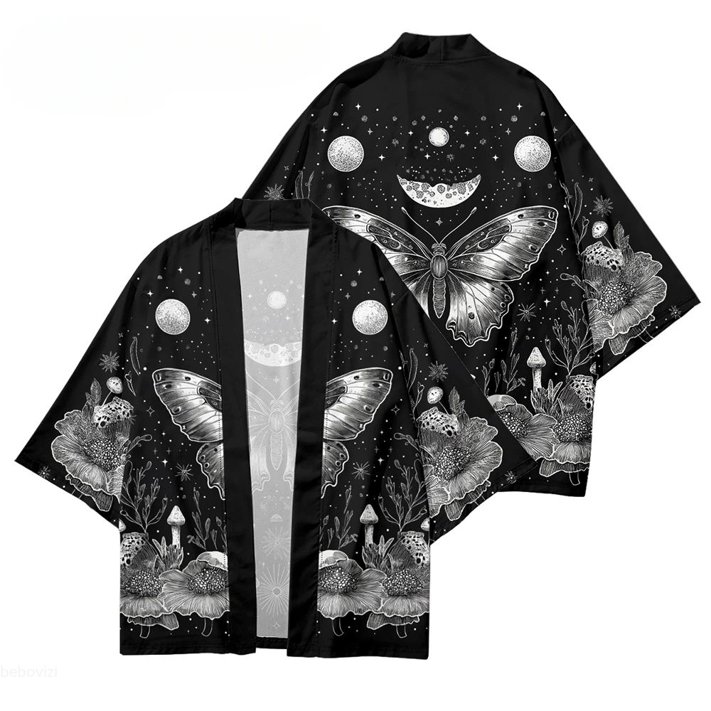 فراشة زهرة طباعة يوكاتا 2025 موضة اليابانية سترة هاوري للجنسين التقليدية تأثيري قميص كيمونو الشاطئ #3