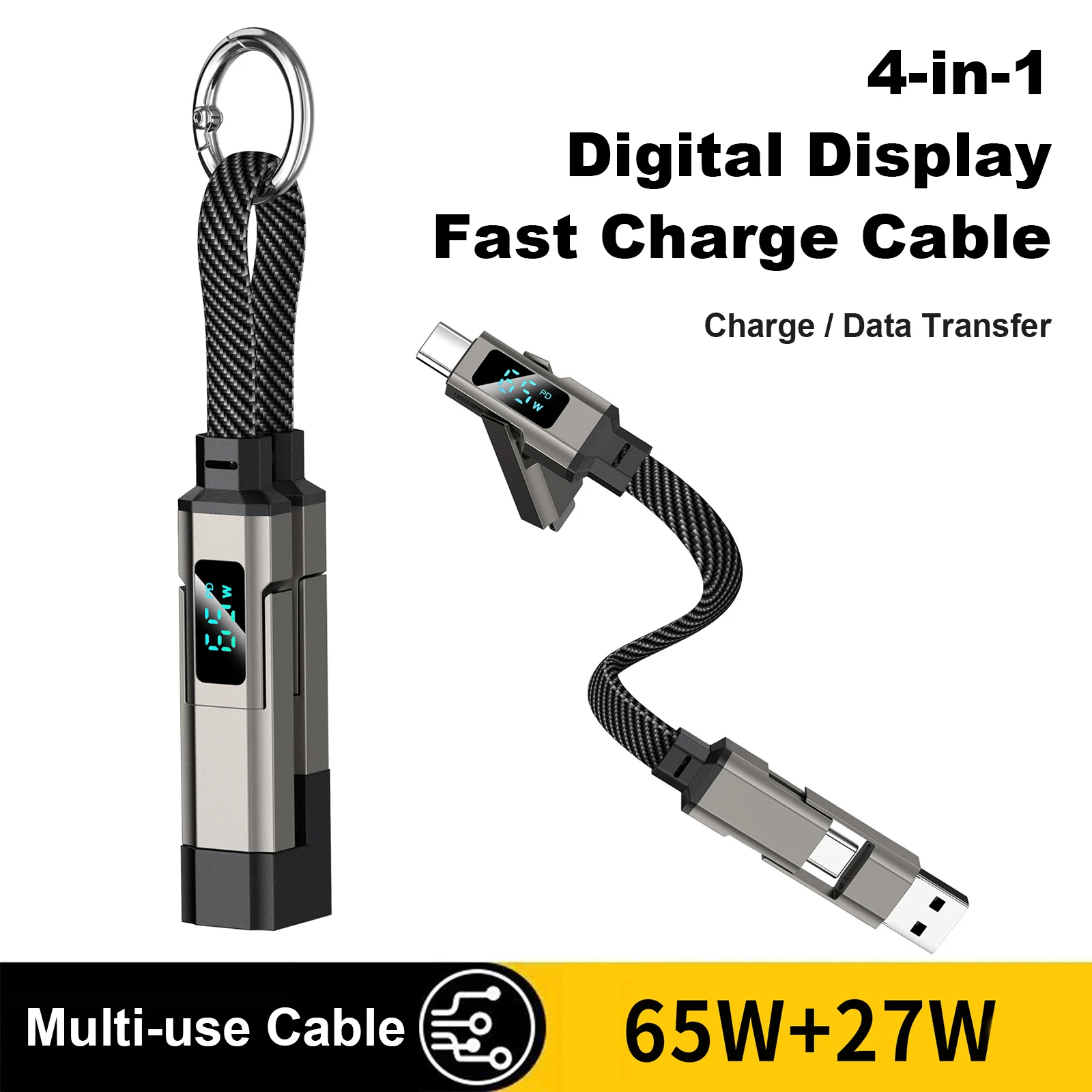 4 in 1 Keychain Charging Cable LED Digital Display Keychain Charger 65W Fast Charging Cable Keychain Nylon Braided for Travel