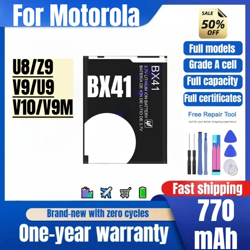 BX41 for Motorola U8/Z9/V9/U9/V10/V9M Mobile Phone Battery High Quality High Capacity Replacement Bateria Grade A Cell with Tool