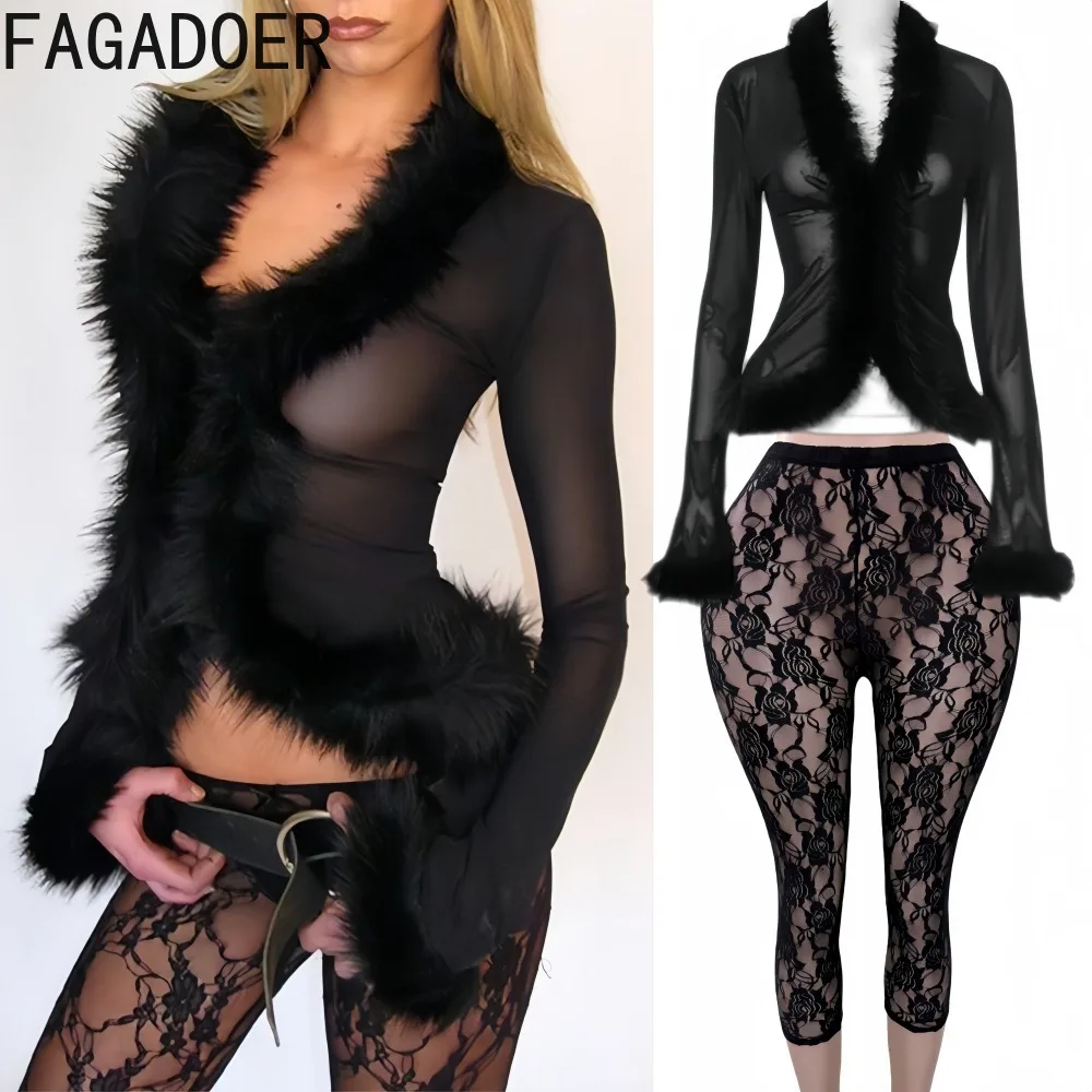 

FAGADOER Sexy Lace Patchwork Bodycon 2 Pieces Set for Woman Outfits See Through Long Sleeves Crop Top + Pants Female Streetwear