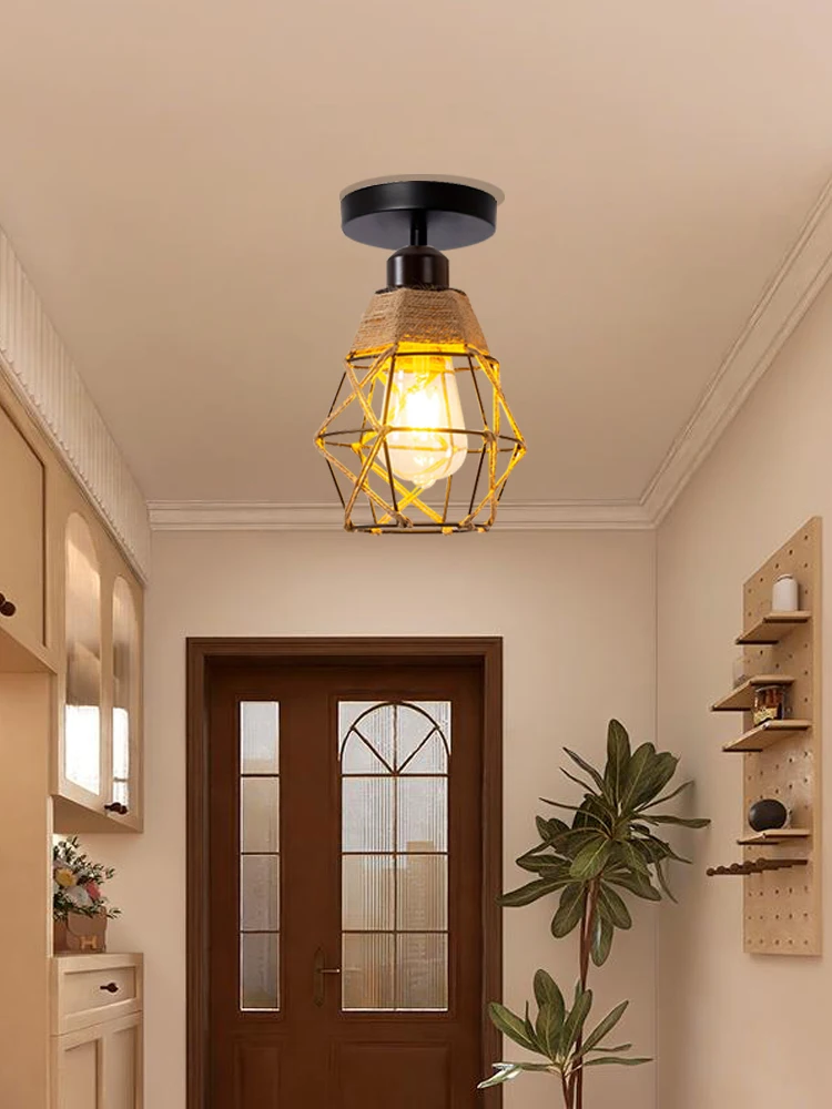 Rustic vintage hand-woven hemp rope E27 ceiling light for bedroom, hallway, balcony, bathroom, staircase lighting