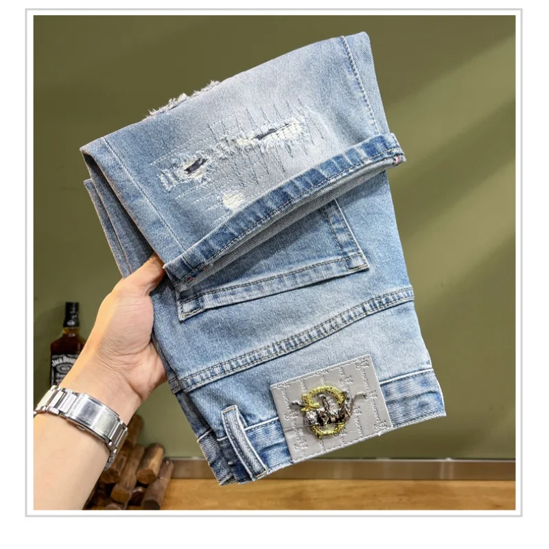 Street handsome personality hole men's denim shorts high-end splicing patch embroidery men's straight pants blue men's models