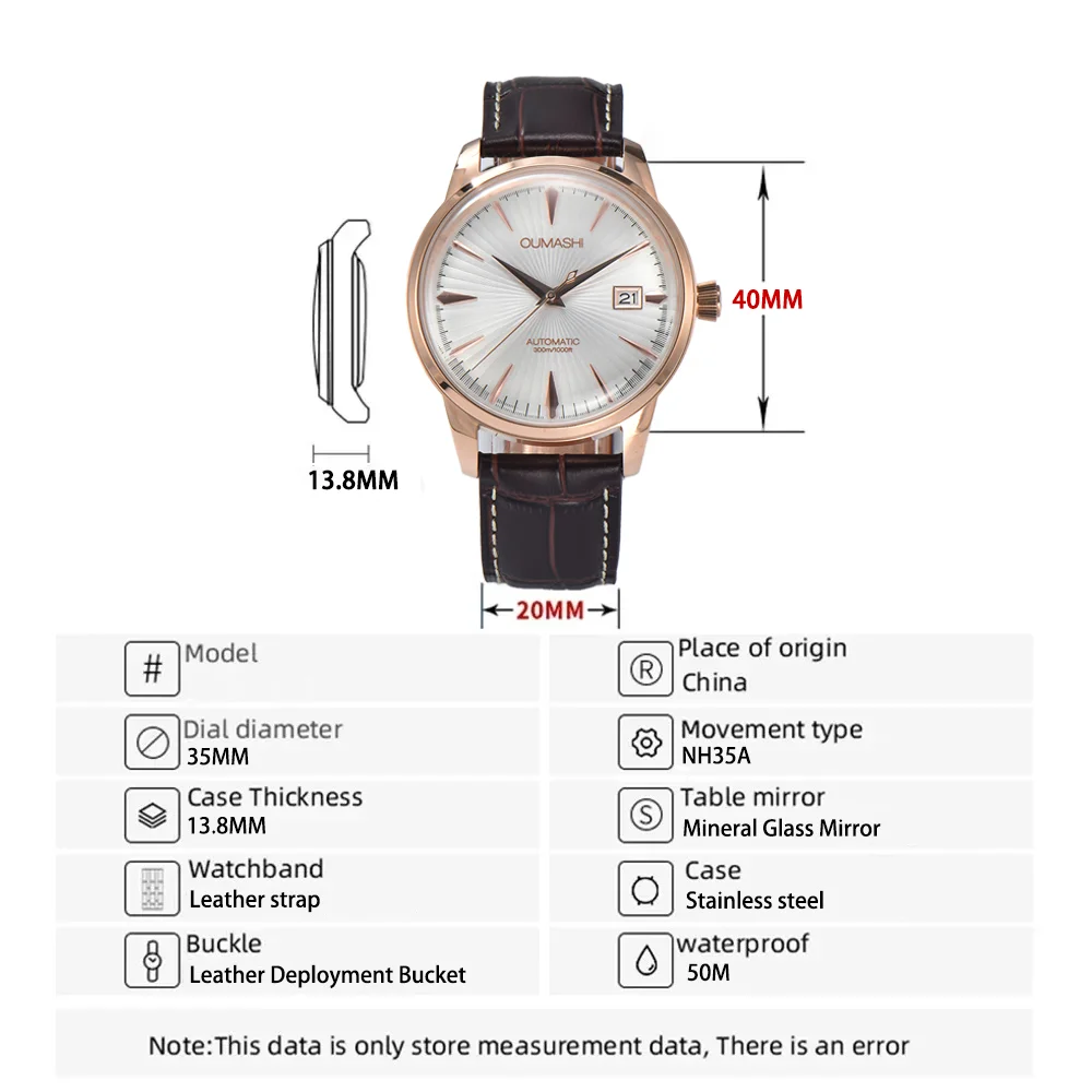 NH35 watch high-end luxury cocktail style rose gold stainless steel case sapphire glass leather strap OUMASHI men\'s watch