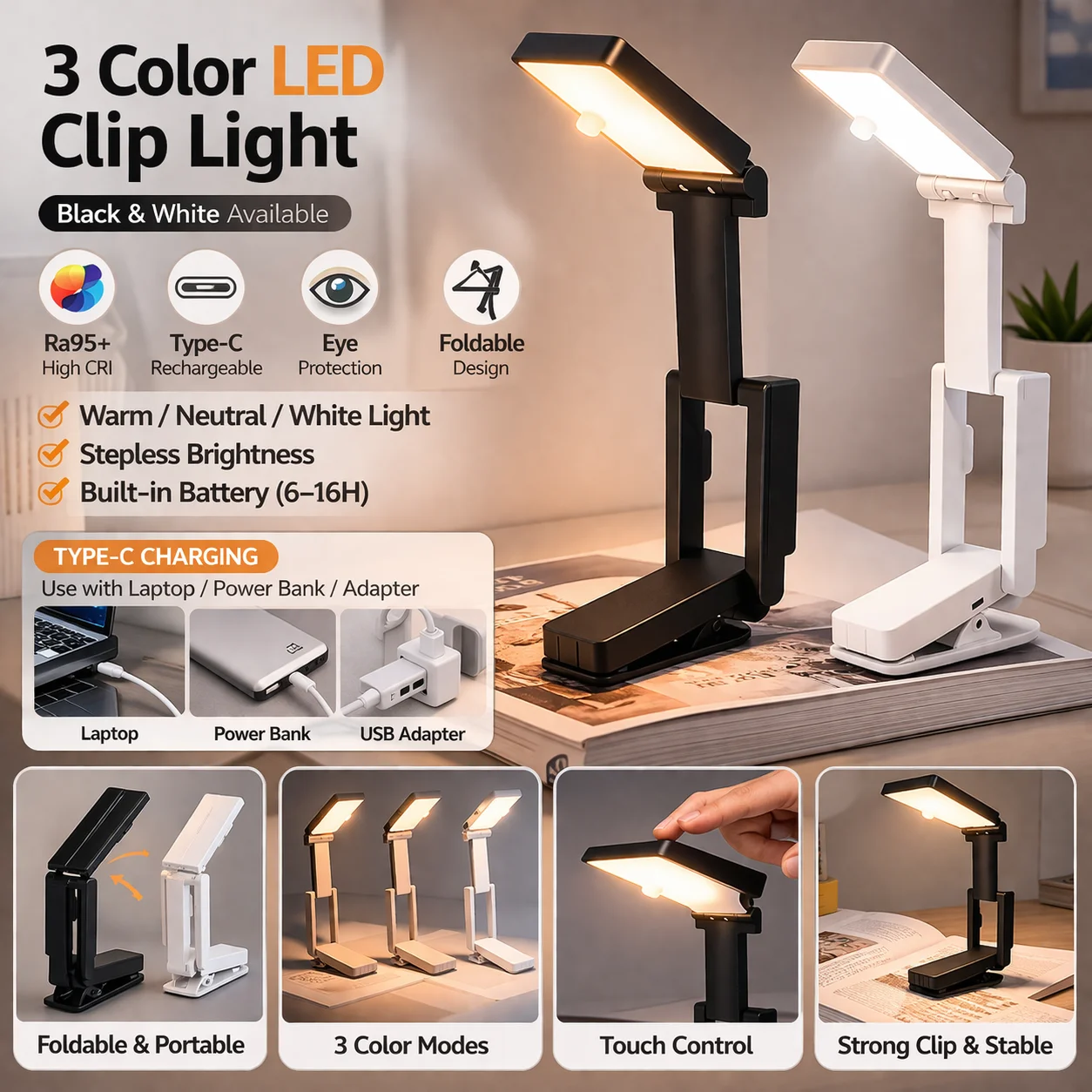 LED Clip Book Light USB Type-C Rechargeable Reading Lamp 3 Color Modes Adjustable Brightness Portable Desk Lamp