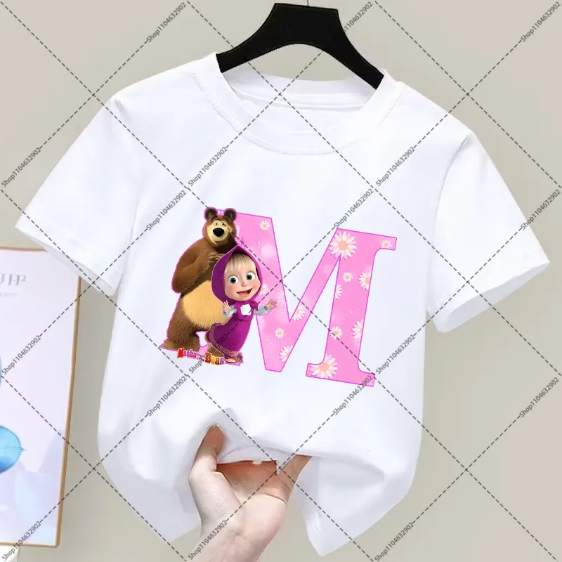 Mashas and The Bear Cute T-shirts Cartoon Anime Pattern Letter A-Z Printed T-Shirt Summer Comfortable Breathable Short Sleeve