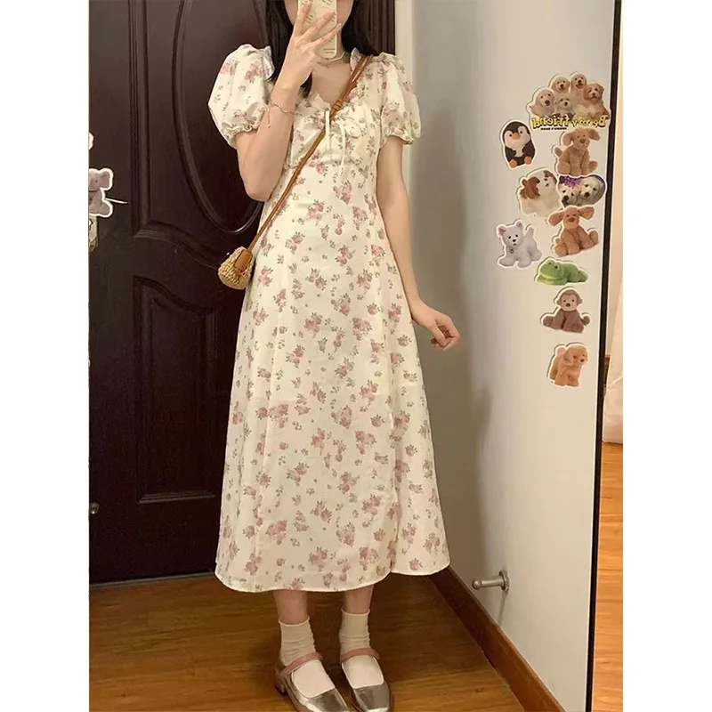 Women Short Sleeve Dresses Floral Drawstring Lovely Temperament Females Y2k Vintage Sweet High Waist Korean Dress Vestidos 원피스