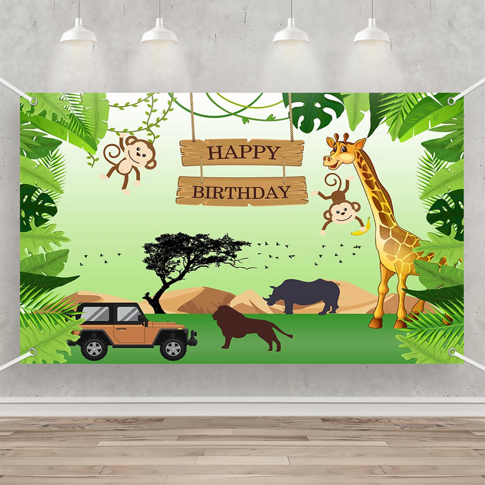 AIBIIN Happy Birthday Background Animal World Four Corner Perforated Suspension Customizable Photography Background Decoration