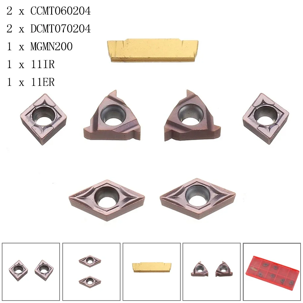 7pcs Carbide Insert Set For 10mm Shank Lathe Boring Bar Turning Tool Holder CCMT060204 DCMT070204 MGMN200/11IR/11ER Turning Tool