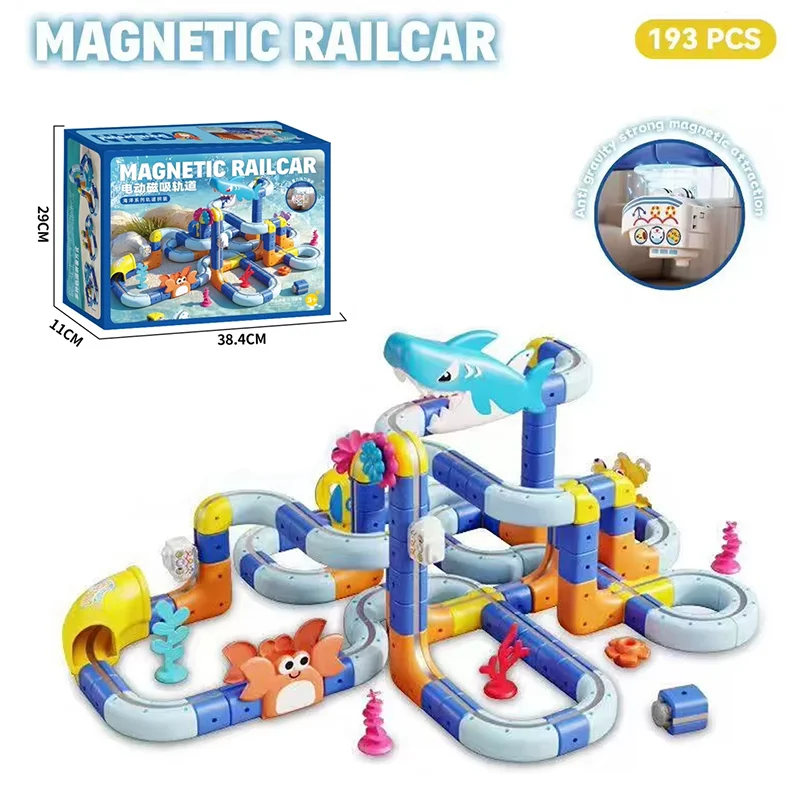 오션 마그네틱 전기 트랙 조립식 풀백 레이싱카 DIY 중력 슬라이드 교육용 어린이 장난감 휴일 크리스마스 생일 선물