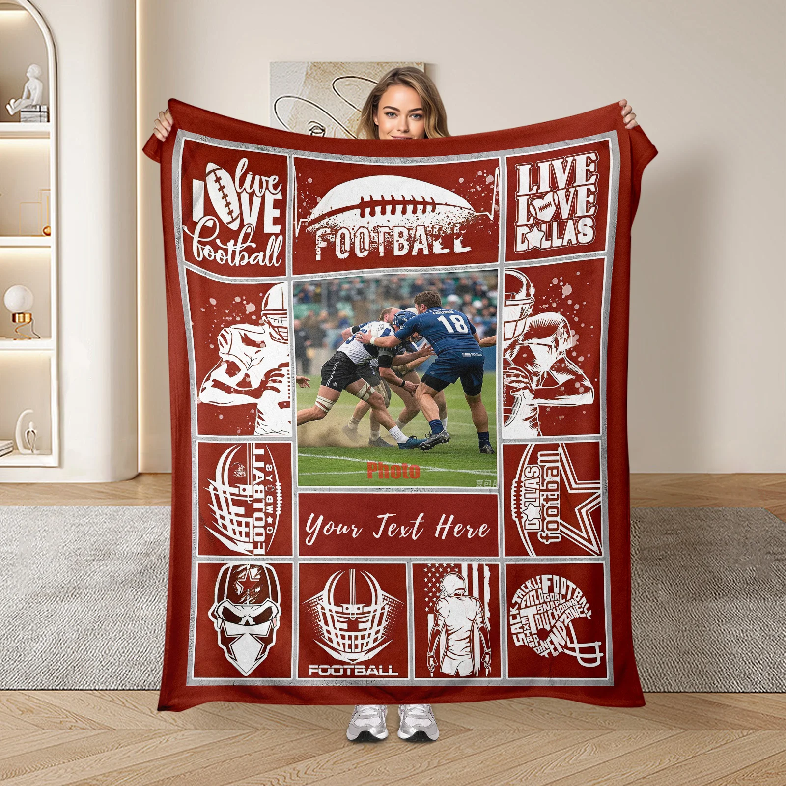 

Custom Photo Text Design With Sporty Pattern Personalized Blanket Unique Gift Idea For Friend Thoughtful Home Decor
