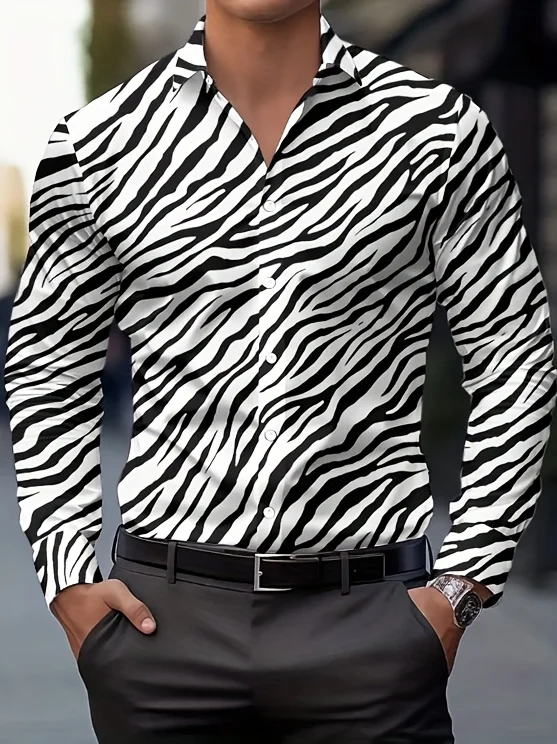 

2025 New Men's Fashion Black and White Zebra Print Shirt Long-sleeved Lapel Button Top High-quality Business Casual Shirt