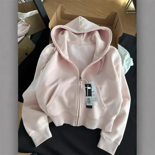 Chaquetas con capucha informales elegantes para principios de otoño, Top corto ajustado de manga larga con cremallera, cárdigan cálido, Sudadera con capucha de estilo coreano