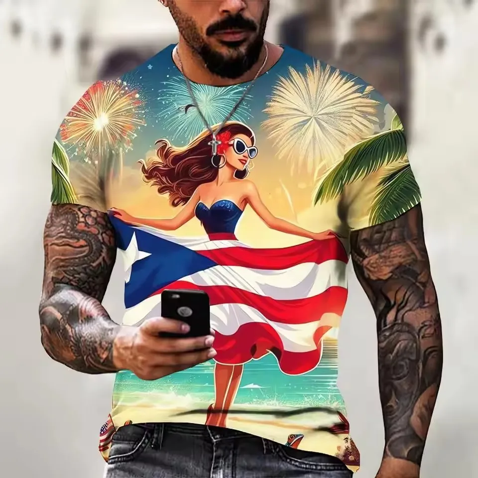 

Summer Men's Short Sleeve T Shirt Puerto Rico Flag Printed T Shirt OverSize Men's Clothing Outdoor Casual Round Neck Top