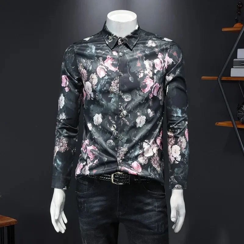 Men's Classic Flower Shirt High Quality Large Size Long sleeved New Personalized Trendy Bottom Hawaii