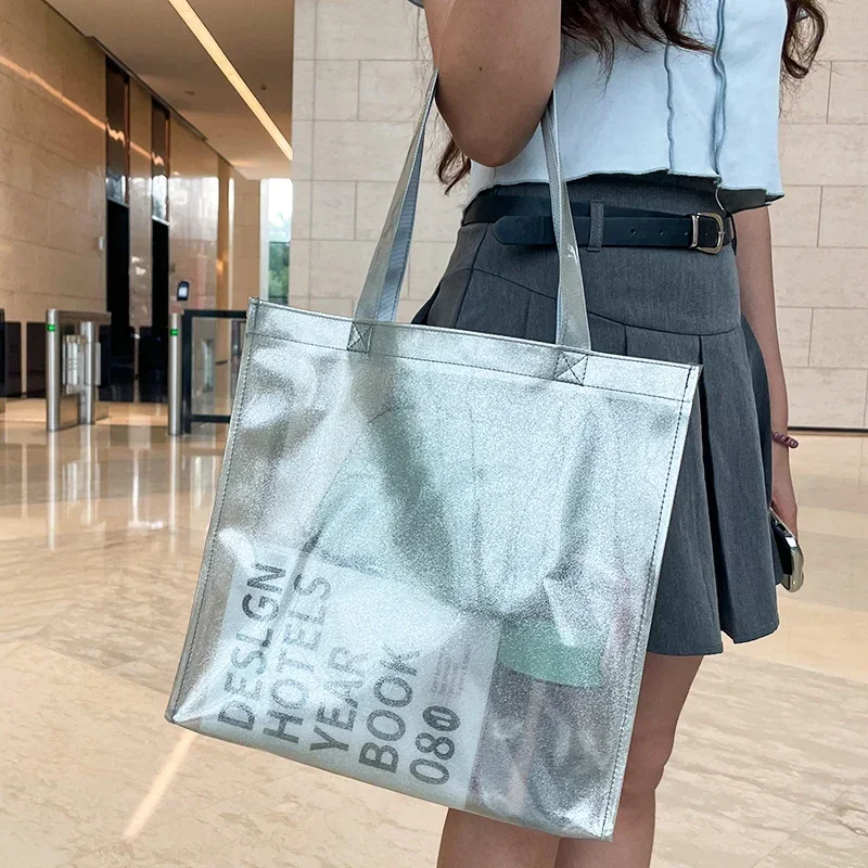 Glitter Clear PVC Transparent Tote Bag For Student Large Capacity with Handles Portable Stationery Storage Bag Shopping Handbag