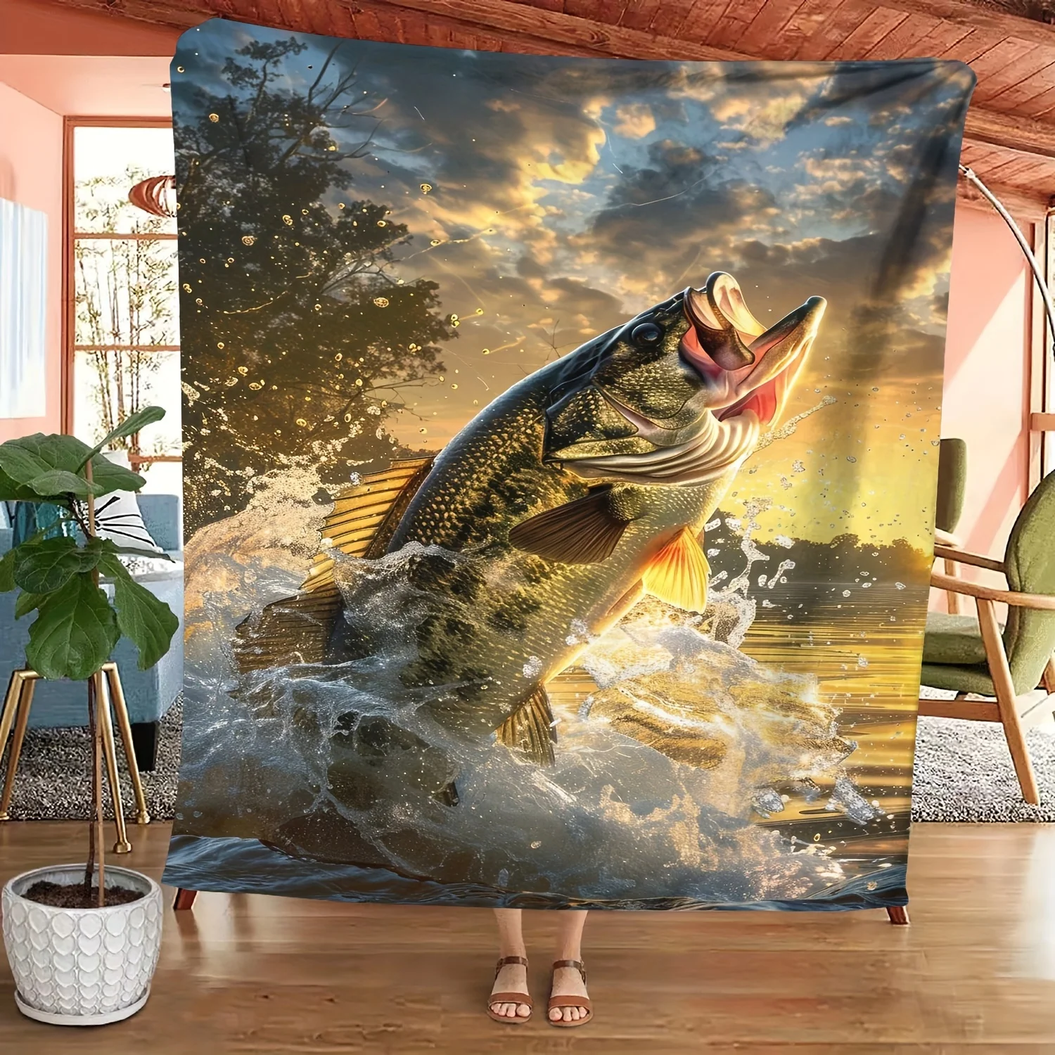 Leaping Fish at Sunset Ultra-Soft Cozy Blanket - Perfect for Winter, Ideal Gift for Fishing and Nature Enthusiasts