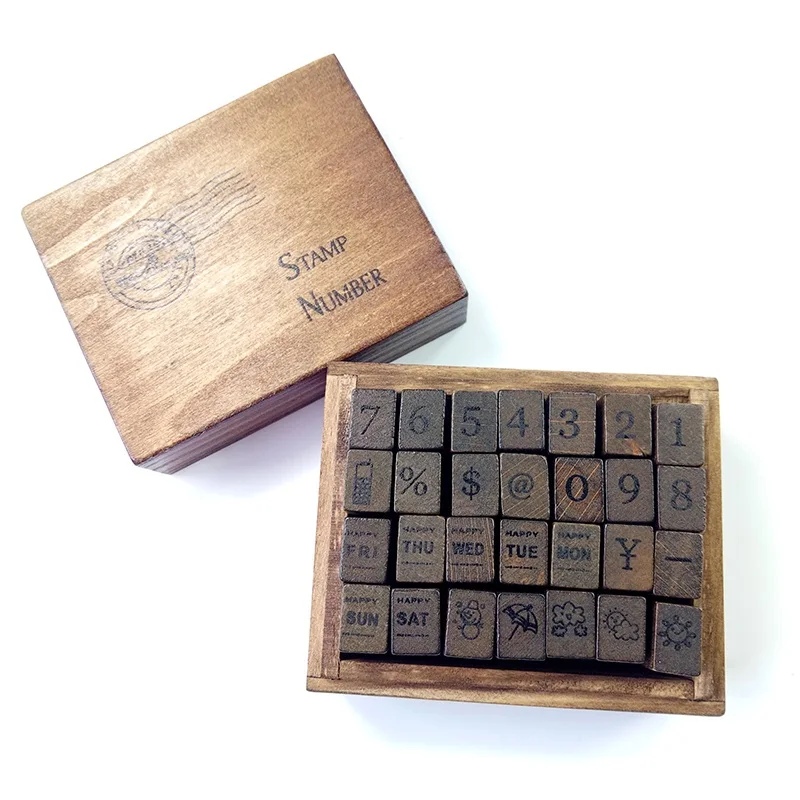 28 Pcs/set New Number Weather Week Wooden Rubber Stamp Set Craft Stamps for Scrapbooking