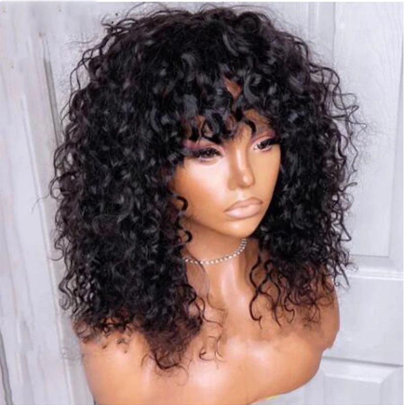 Glueless Natural Black 24Inch Soft Long 180Density Kinky Curly Machine Wig For Women With Bangs Baby Hair Preplucked Natural