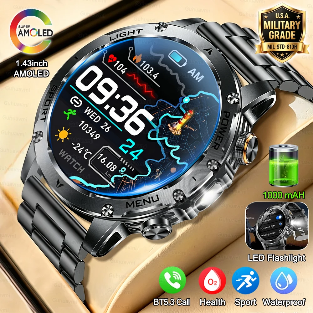 2026 군용 스마트워치 피트니스 시계 남성용 466*466 AMOLED 스크린 1000mAh 배터리 플래시라이트 통화 방수 T-Rex 3 스마트워치
