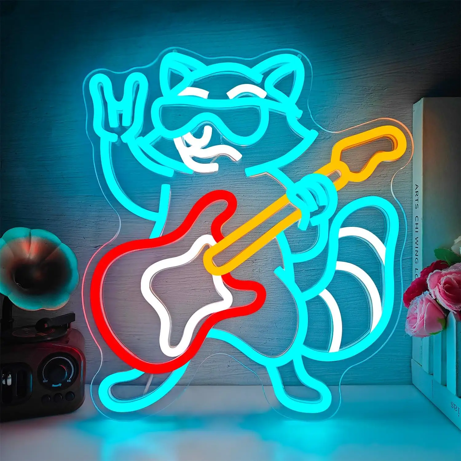 Rock Raccoon Playing Guitar Neon Sign LED Light Up Sign for Bedroom Bar Music Studio Game Room Wall Decor Birthday Party Gifts