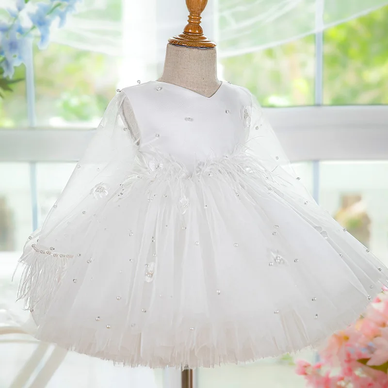 Light luxury long sleeve tulle baby dress, one year dress suitable for a variety of special occasions high-end dress