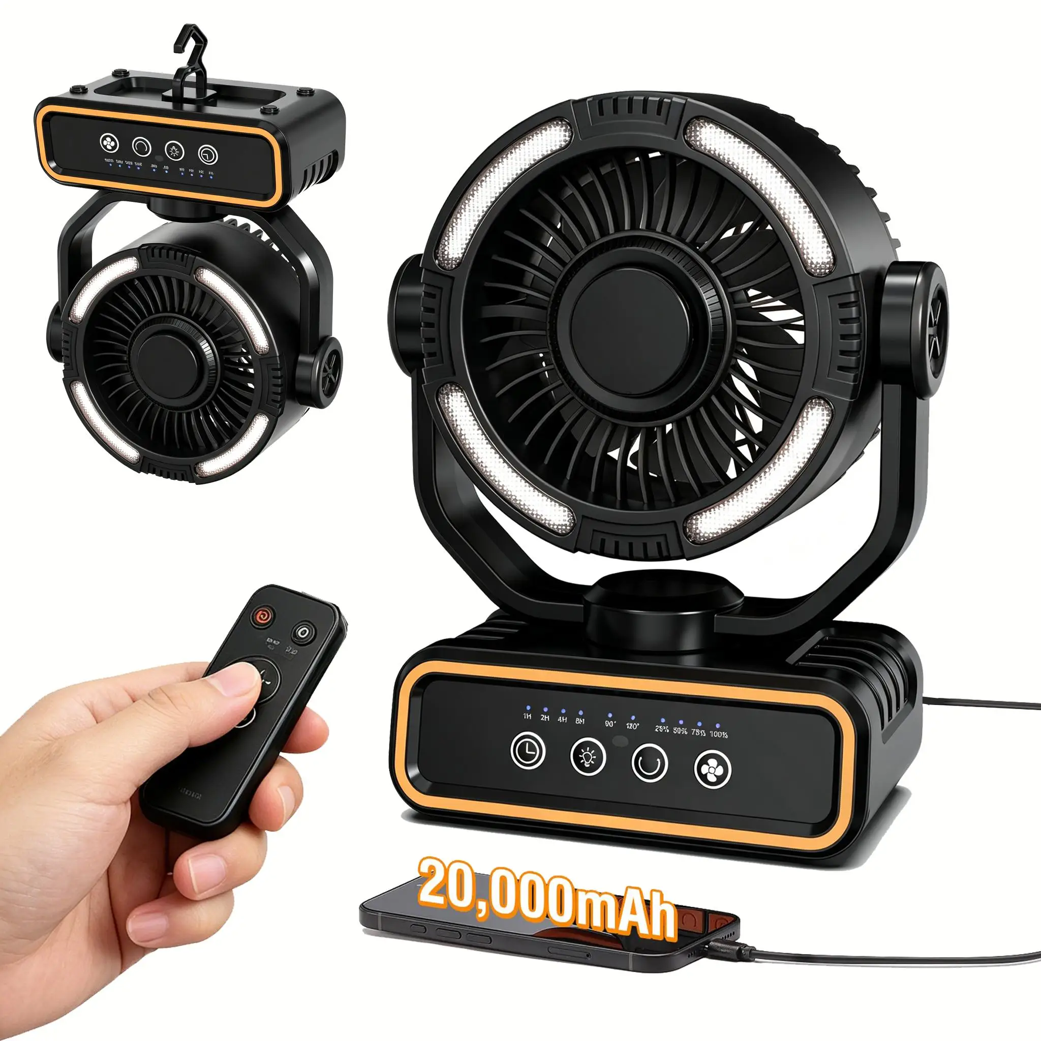 2026 New Design Portable Rechargeable Camping Fan, 20000mAh Auto Oscillating With Remote Control