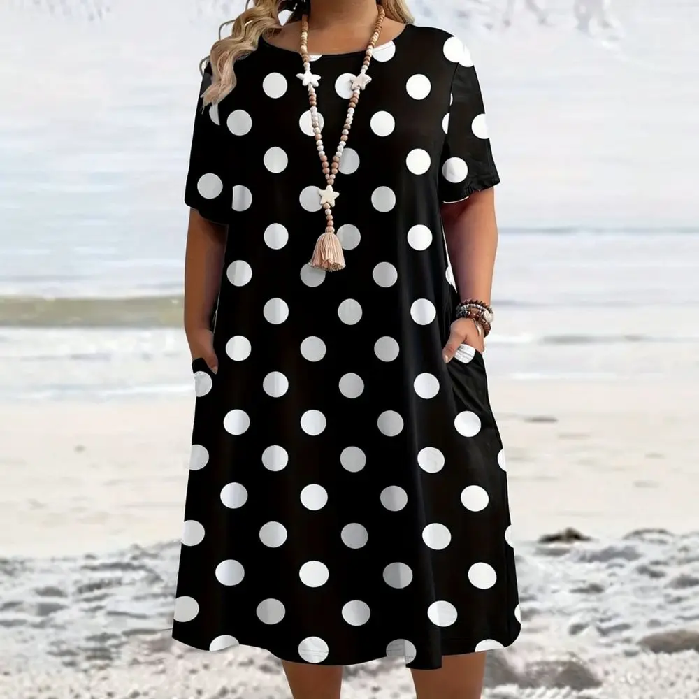 Vintage Style Summer Dress Ethnic Print Women Round Neck Short Sleeve Midi Dresses Loose Casual Plus Size Comfortable