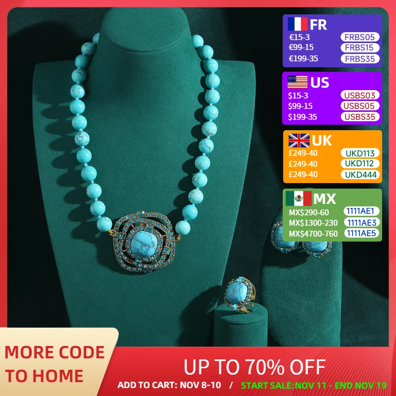 

Bohemia Beaded Luxury Turquoise Jewelry Sets Blue Natural Stone Square For Woman Rhinestones Vintage Gifts Party Wedding 2025