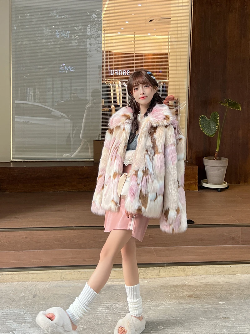 High-End Fashionable Tie-Dyed Women's Faux Fur Coat 2023 Autumn Winter New Sweet Cute Long Sleeve Slim-Fit Short Faux Fur Coat