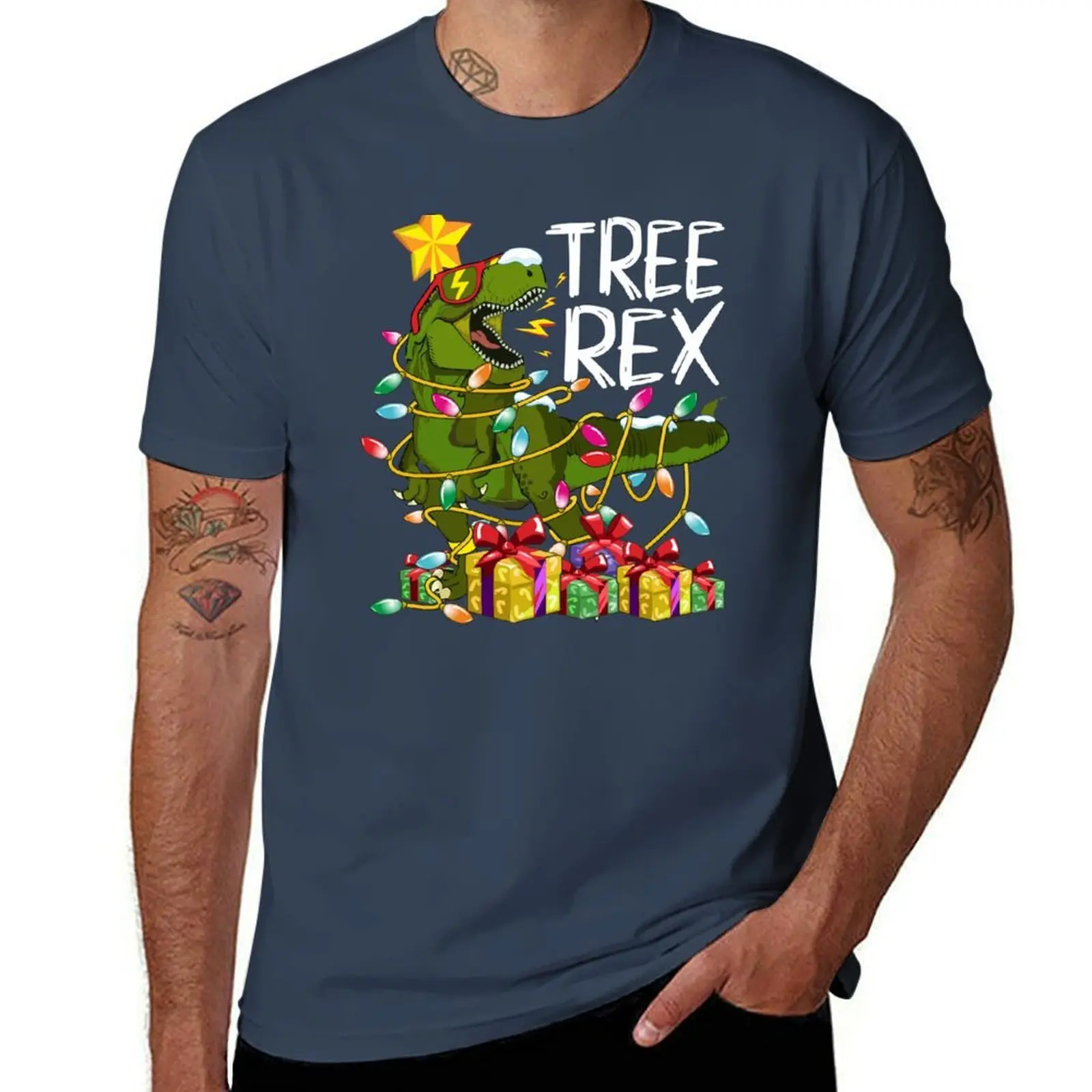 

Christmas Tree Rex Dinosaur Tangled in Xmas Lights Garland T-Shirt Classic Crew Neck Cotton T-Shirt