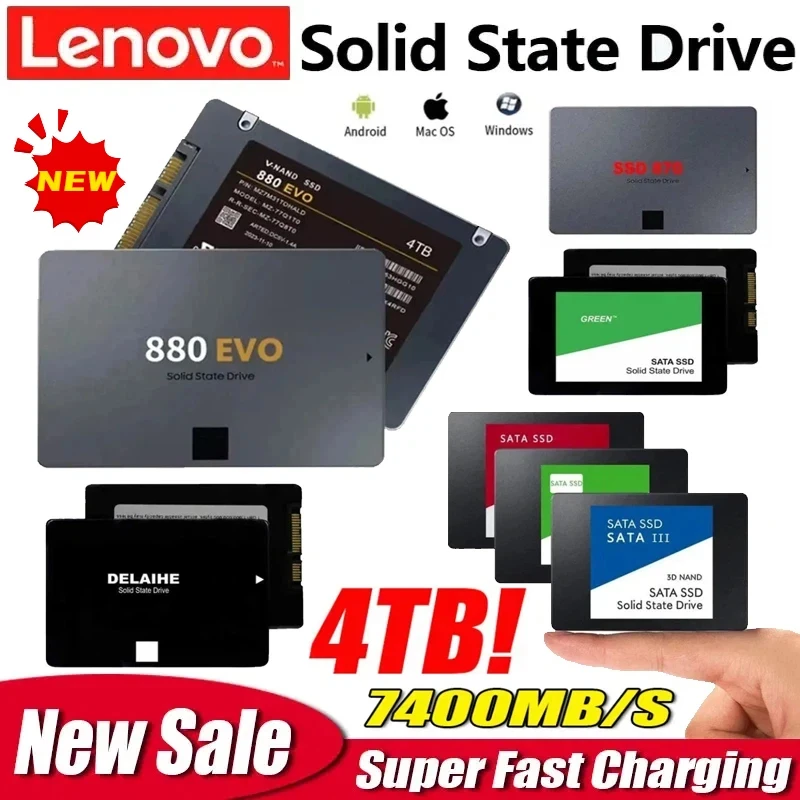 

Твердотельный накопитель Lenovo 4 ТБ SSD, высокоскоростной, 500 ГБ, 1 ТБ, 2 ТБ, внутренний жесткий диск SATA3 2,5 дюйма для ноутбуков, микрокомпьютеров, настольных ПК