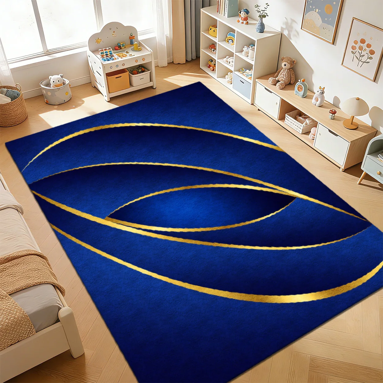 1pc Modern Abstract Blue‑Gold Swirl Pattern Area Rug, 2D Flat Design, Non‑Slip, Machine‑Washable,Perfect for Living Room,Bedroom