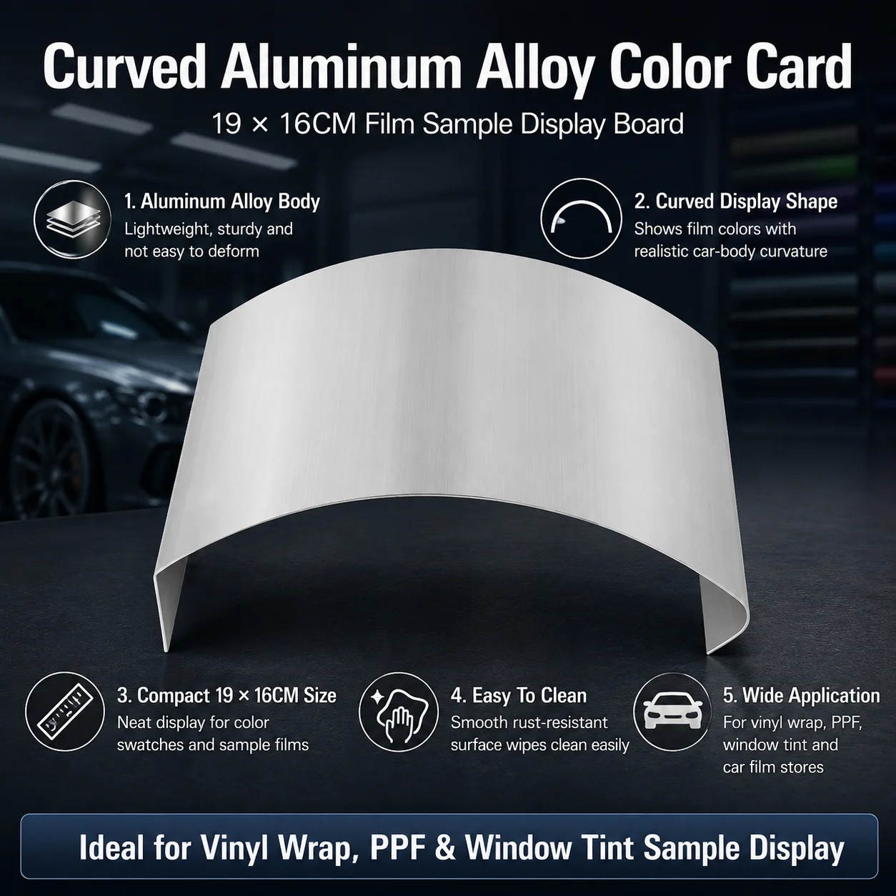 Curved Aluminum Alloy Color Sample Display Board for Vinyl Wrap and Auto Paint, Film Swatch Rack Car Wrap Tool Accessory