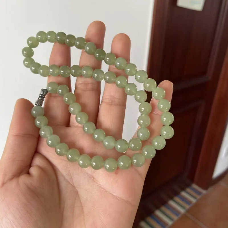 Hetian Jade Qinghai Old Material 8Mm Round Bead Necklace Hanging Chain Transparent Fine Sm