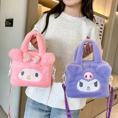 Sanrio 플러시 가방 Kawaii Kuromi Cinnamoroll 멜로디 만화 애니메이션 핸드백 크로스 바디 화장품 여행용 수납 가방 여성 소녀 선물