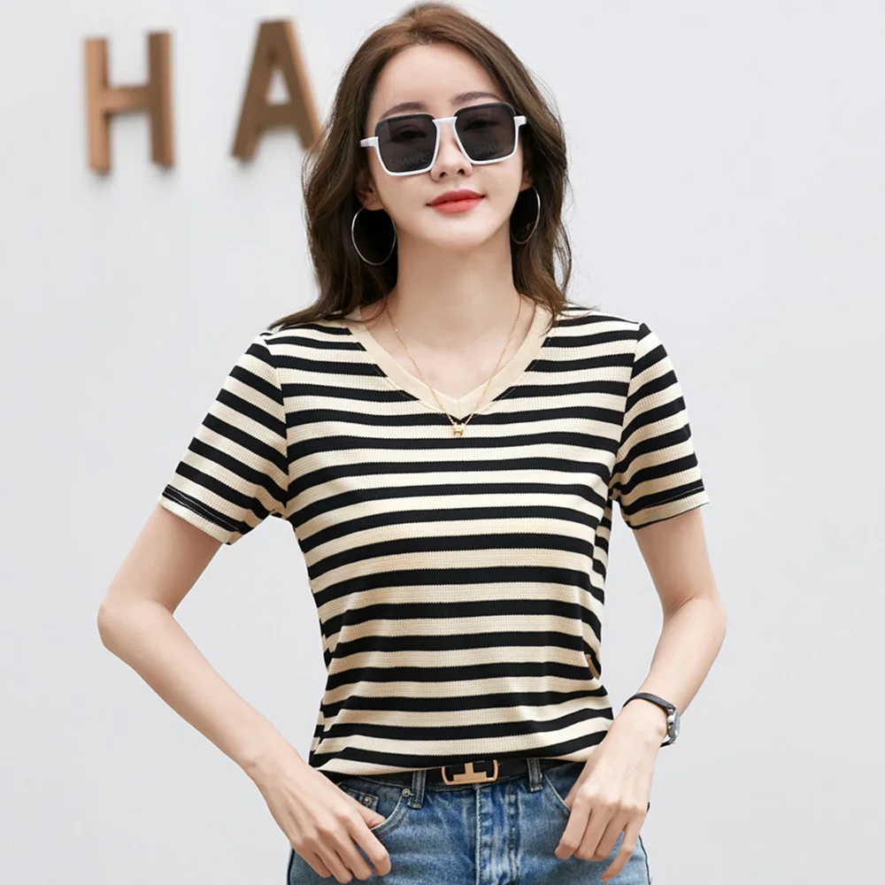 

Women V-Neck Striped T-shirt Summer New Fashion Waffle Short Sleeve Slim Tees Tops Classic Casual Simplicity Stretch T-shirt