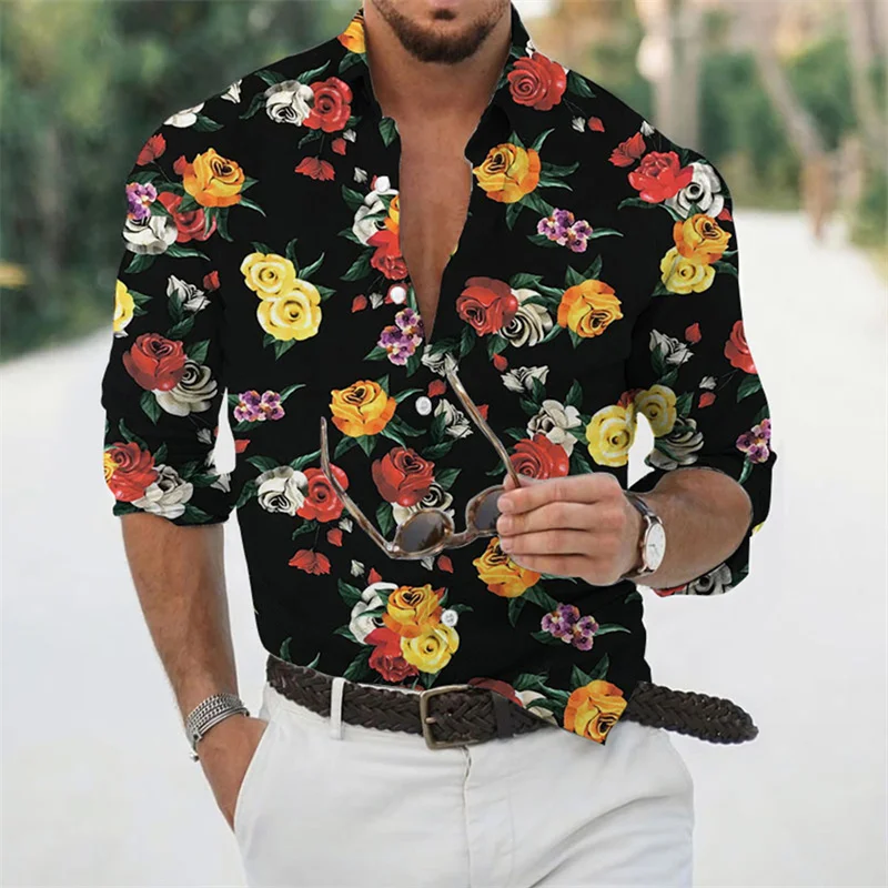 Fashion Men\'s Shirt Floral Rose High Quality Soft Comfortable 2023 New Hot Selling European Size Men\'s Lapel Tops Decoration