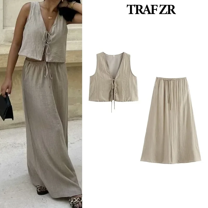 TRAF ZR Vintage Set Woman 2 Pieces Chic and Elegant Vacation Outfits Woman 2024 Minimalist Sets Distressed Summer Skirts Set