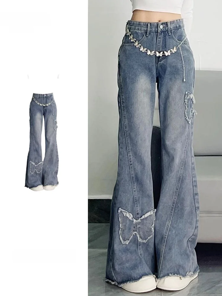 Retro American  Embroidery Jeans Women's Spring Autumn High Waist Slimming Micro Flared  Hoof Long Pants