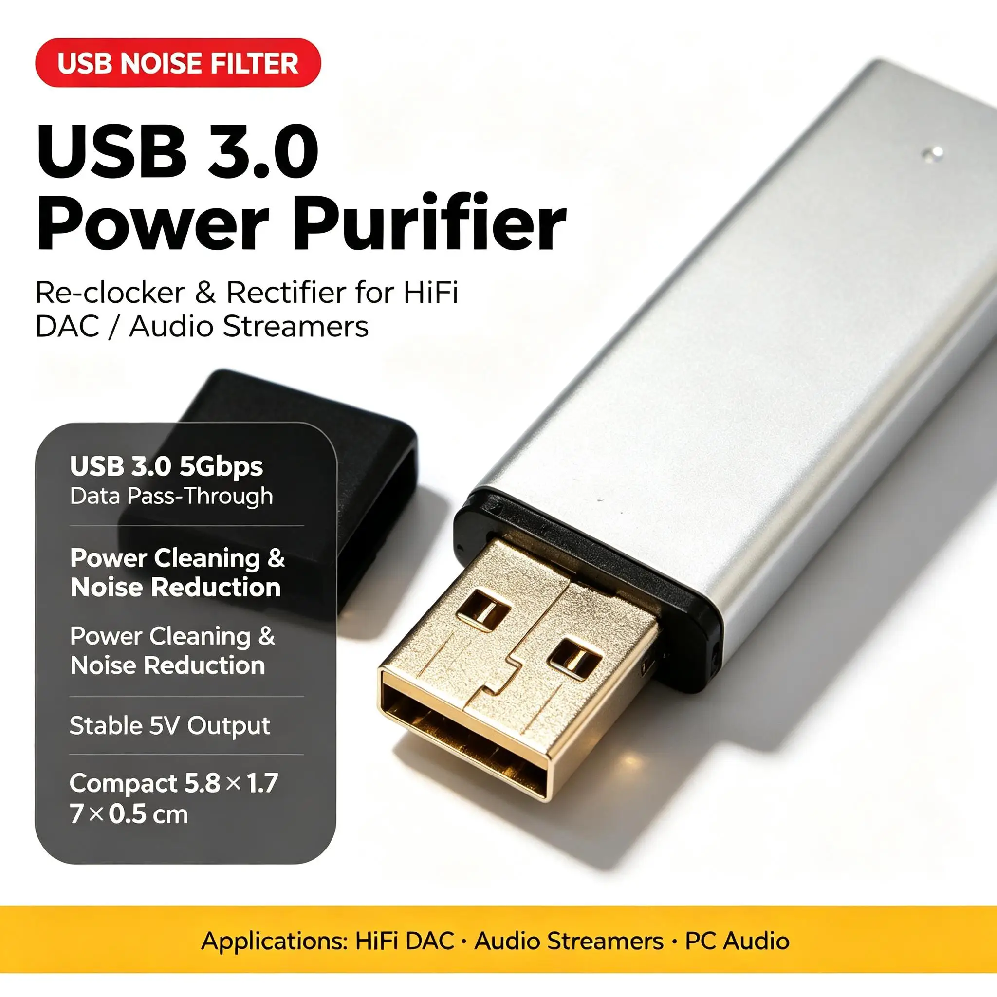 DYKB USB 3.0 Power Purifier Noise Filter Re-clocker Rectifier HiFi DAC Audio Streamers PC 5V Gold-Plated USB-A Bus-Powered 200mA