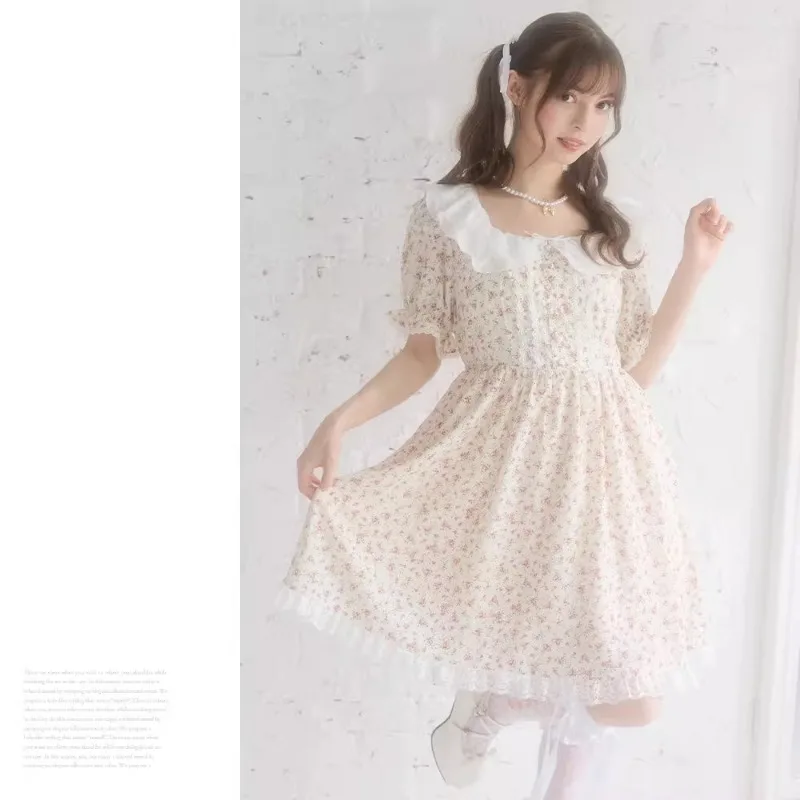 Japanese Lolita Style New Small Floral Dress Square Collar Cute Lace Edge Stitching Exquisite Short-sleeves Slimming Vestidos