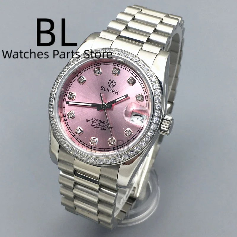 

BLIGER Luxury Sapphire Pink Sunburst Steel 36mm NH35 Automatic Watch for Lady Diamond Bezel Marks 39mm Men Wristwatch Waterproof