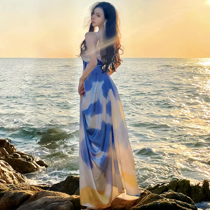 

Vacation Spaghetti Strap Summer French Style Elegant Draped A-Line Long Dress For Women