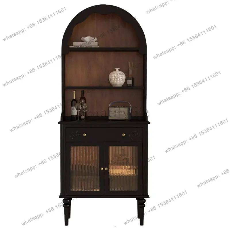 

French retro style solid wood dining side cabinet living room multi-functional light luxury arched wine cabinet