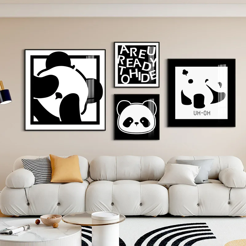 Modern simple cartoon black and white color cute fun panda decoration children's room canvas painting