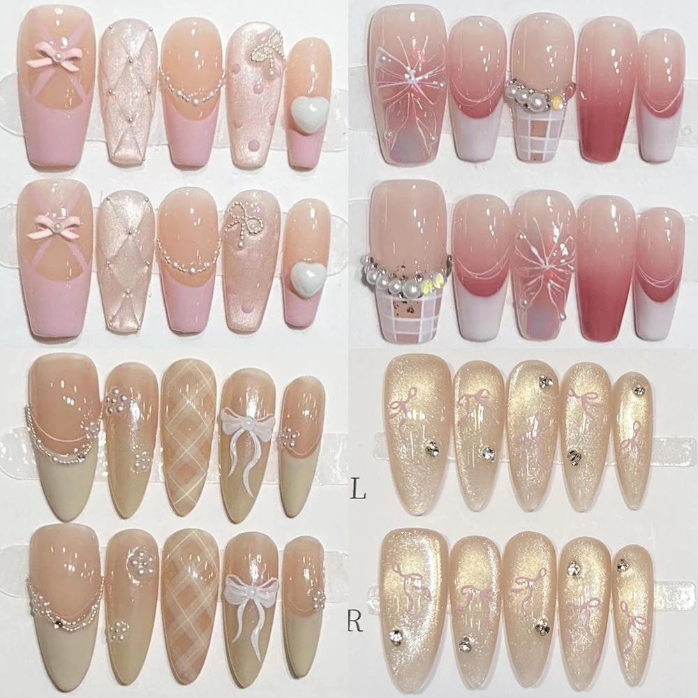 

10Pcs Elegant Medium-Long Coffin Almond Handmade Press On Nails Cat Eyes Diamond Bow Pearl Wearable Full Cover False Nail Tips