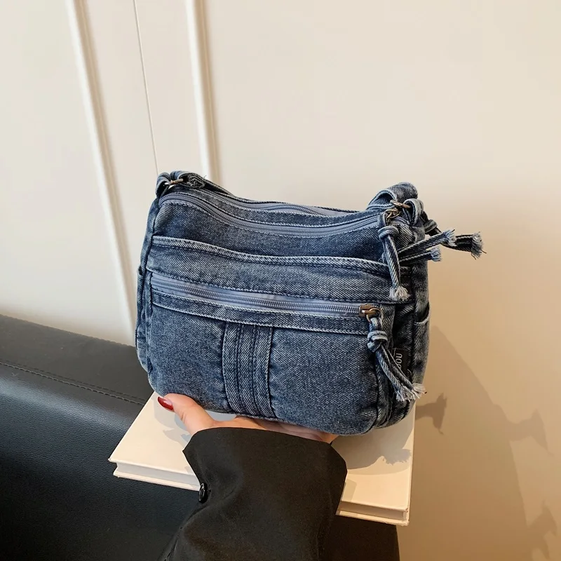 

Women's Denim Crossbody Bag Multi-pocket Casual Shoulder Purse, Vintage Washed Jean Sling Bag Large Capacity Daily Messenger Bag